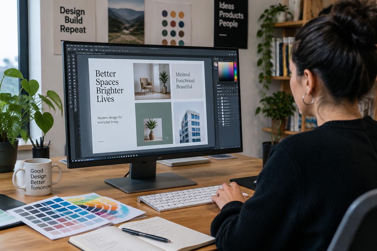 Designerin gestaltet ein digitales Layout an einem großen Monitor