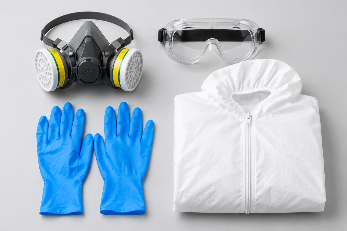 Atemschutzmaske, Schutzbrille, Schutzhandschuhe und Schutzanzug